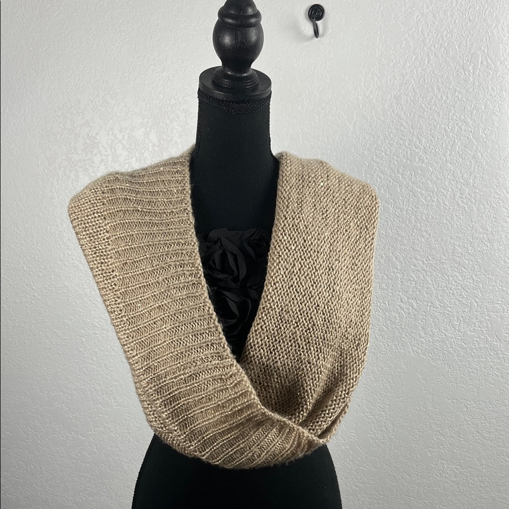 Women’s Infinity Knit Scarf Khaki Tan Gold sequence Long Layering Chunky Winter